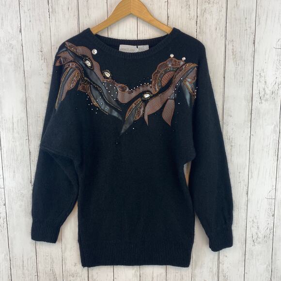 VTG James St. John Black Embellished Silk Angora Knit Tunic Sweater Size Small - Picture 1 of 8